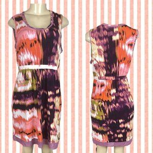 Simply Vera Wang L Purple-Coral Splash Scoop Neckline Mesh Trim Sleeveless Dress